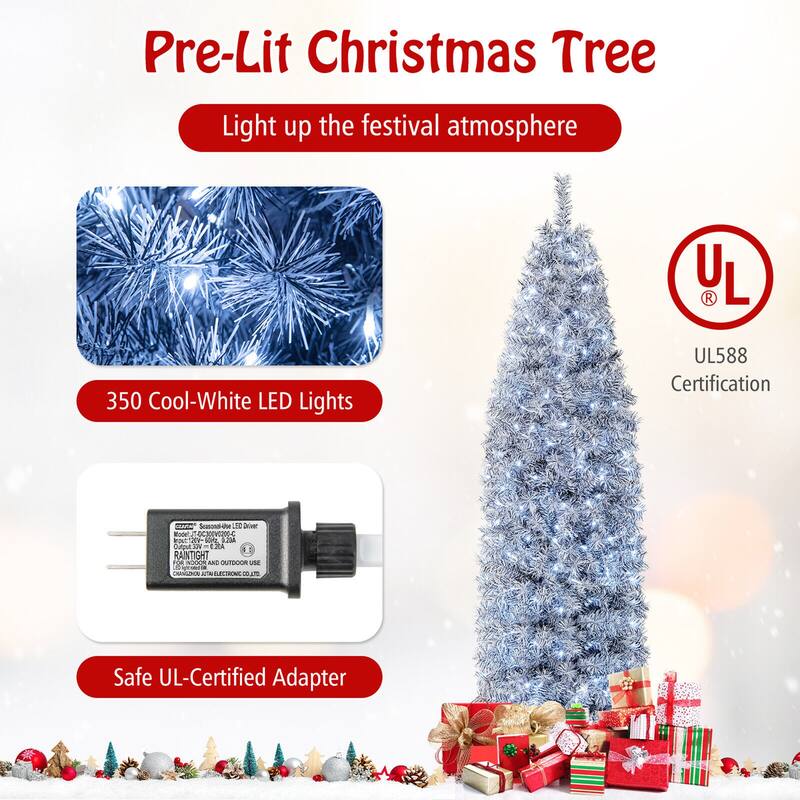 Gymax 7ft Pre-Lit Artificial Christmas Tree Hinged Slim Pencil Xmas
