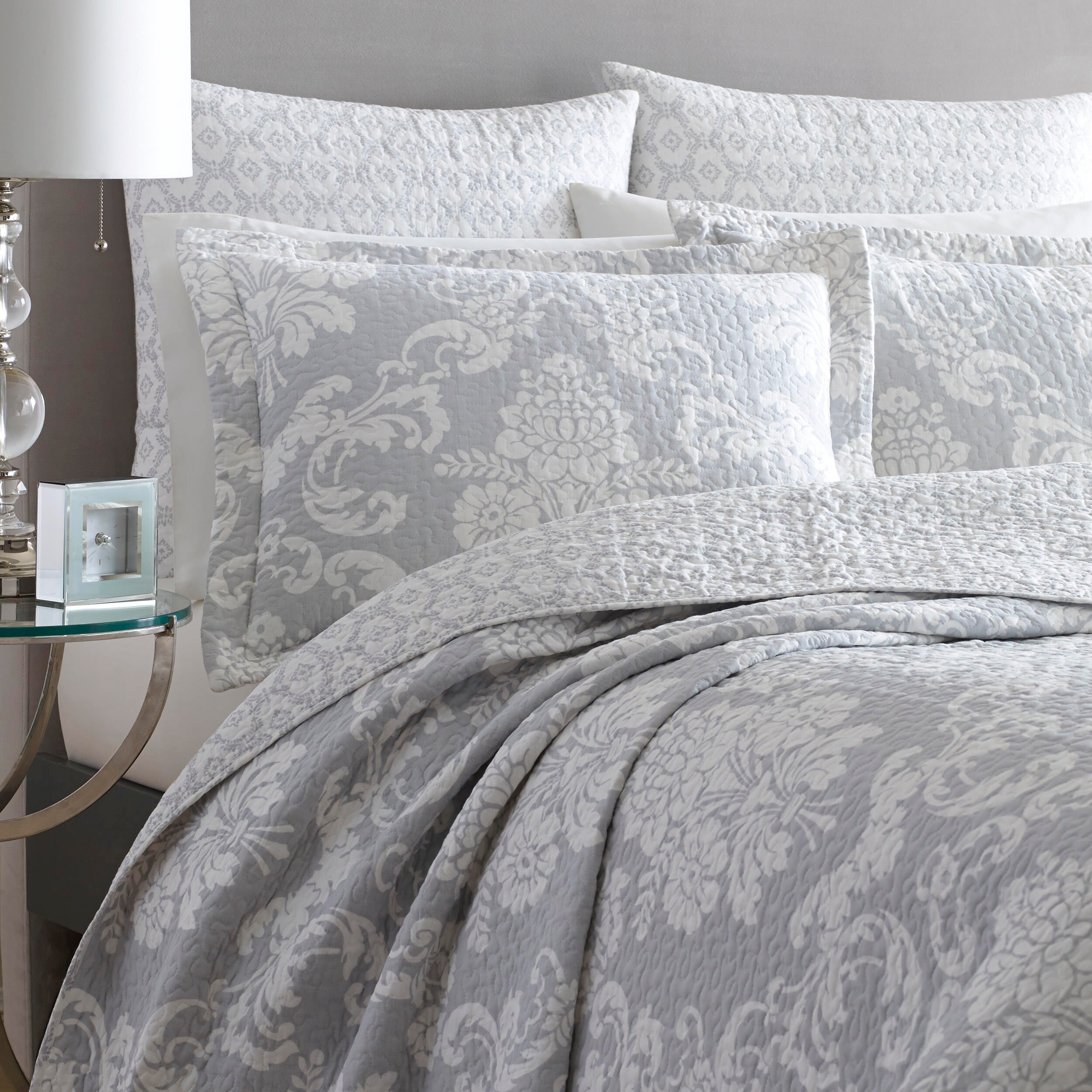 Laura Ashley Venetia Grey Reversible Cotton Quilt Set Overstock 8814055 Vintage laura ashley fabric bundle paisley stripes leaves sewing patchwork quilting crafting home decor. laura ashley venetia grey reversible cotton quilt set