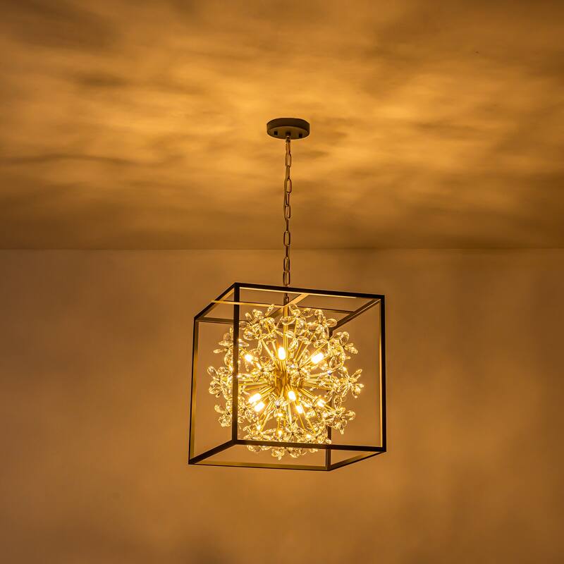 10-Light Modern Black Square Caged Chandelier Sputnik Gold Crystal Chandelier for Living/Dining Room - 16.1 in. W x 17.1 in. H