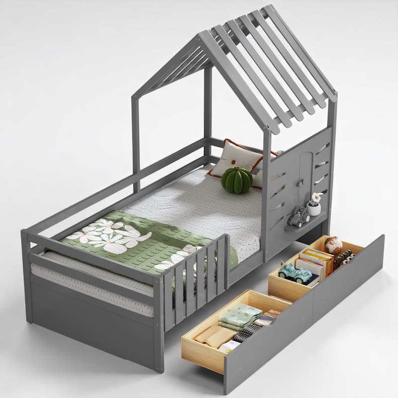 Kids Wooden Twin Bed Frame with Roof, Window Shelf, Guardrails and Storage Drawers, House Design - Grey - Twin