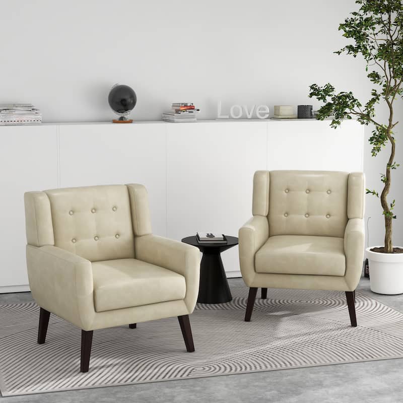 2 Set Modern Tufted Linen Upholstered Accent Chair Faux Leather Armchair