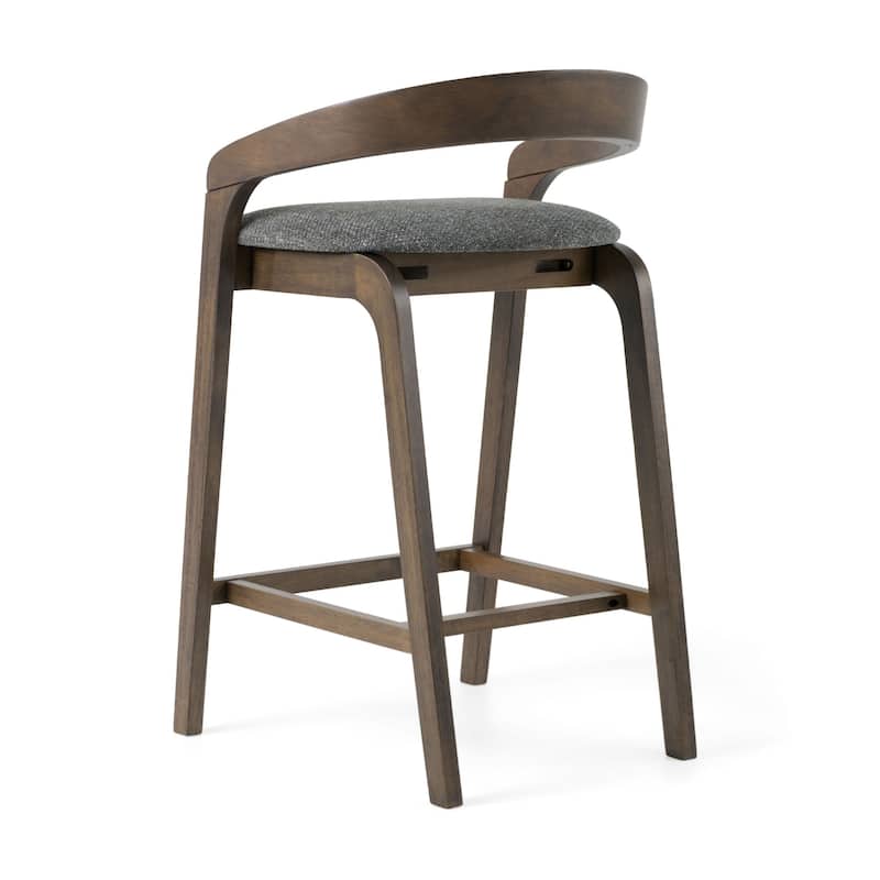 Cid Lenn Counter Stool Chair Set of 2, Gray Fabric, Curved Brown Rubberwood
