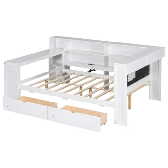 Wood Full/Twin Platform Bed with Storage - Features Shelves, Drawers, Charging Station and LED Desk