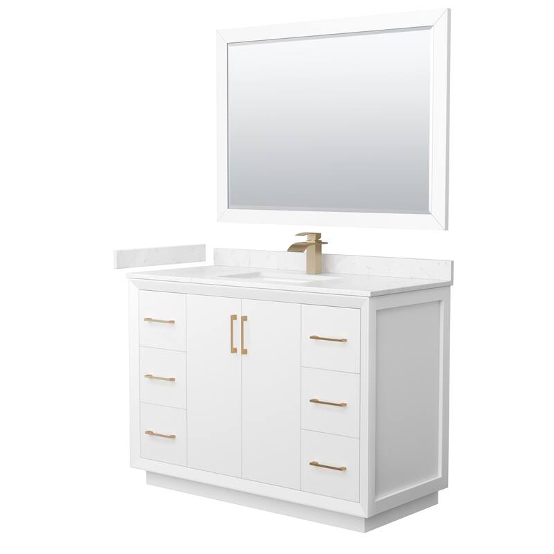 Strada 48-Inch Single Vanity Set, Cultured Marble Top, 46-Inch Mirror - White, Bronze Trim, Carrara Cultured Marble Top
