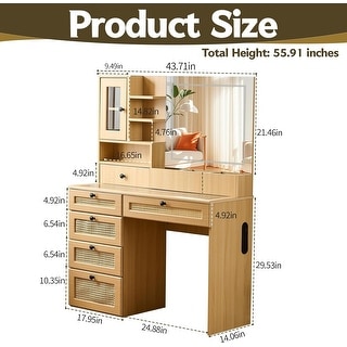 Makeup Vanity, Vanity Desk with Mirror and Lights, Rattan Vanity with Charging Station