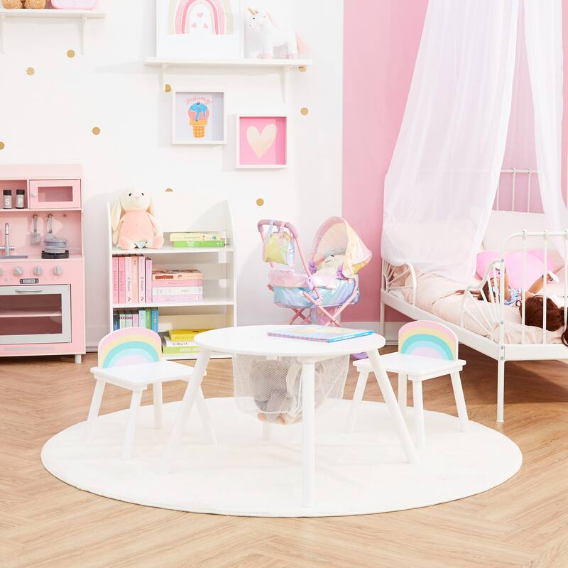 Rainbow Fishnet Play Table & Chairs Kids Furniture - White - 32.25"L x 32.25"W x 17"H