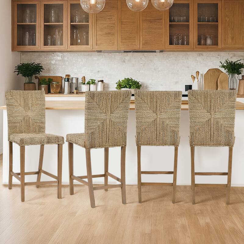 Bohemian 24" Height Weave Seagrass Rattan Counter Stools with High Back - 18.3"W x 23"L x 41.4"H - Set of 4 - Brown