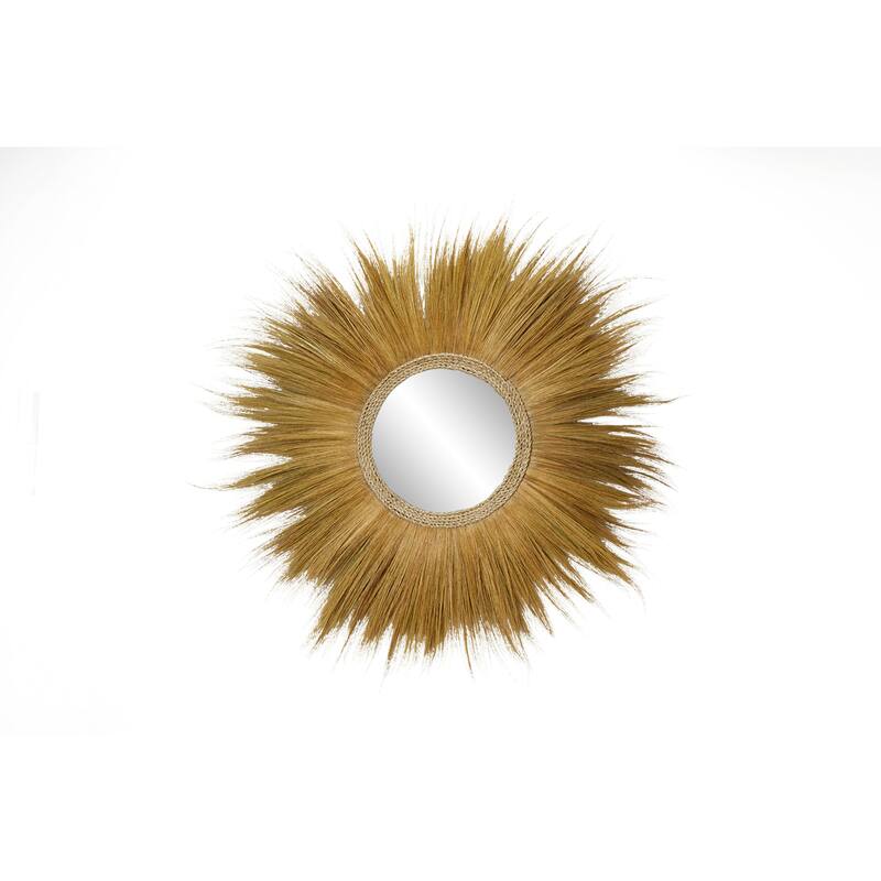 Dried Plant Tribal Inspired Sunburst Grass Wall Mirror with Coiled Rope Center - Brown - Roche River Decor - 2"W x 45"L x 45"H