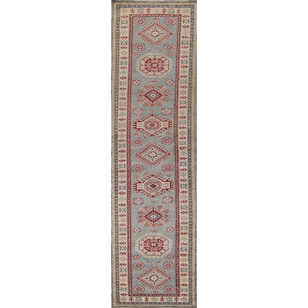 Geometric Kazak Oriental Runner Rug Hand-Knotted Blue Wool Carpet - 2'3" x 13'2"