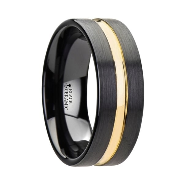 VIVALDI Black Ceramic Wedding Band With Yellow Gold Groove 8mm