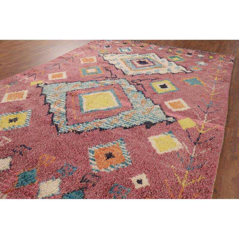 Pink Moroccan Oriental Area Rug Hand-Knotted Wool Carpet - 7'10" x 11'1"