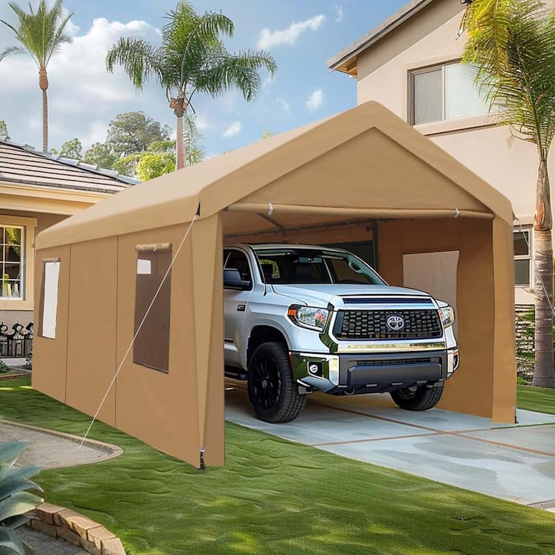 Carport Canopy 12x20ft Duty Carport with Roll-up Ventilated Windows - Sand