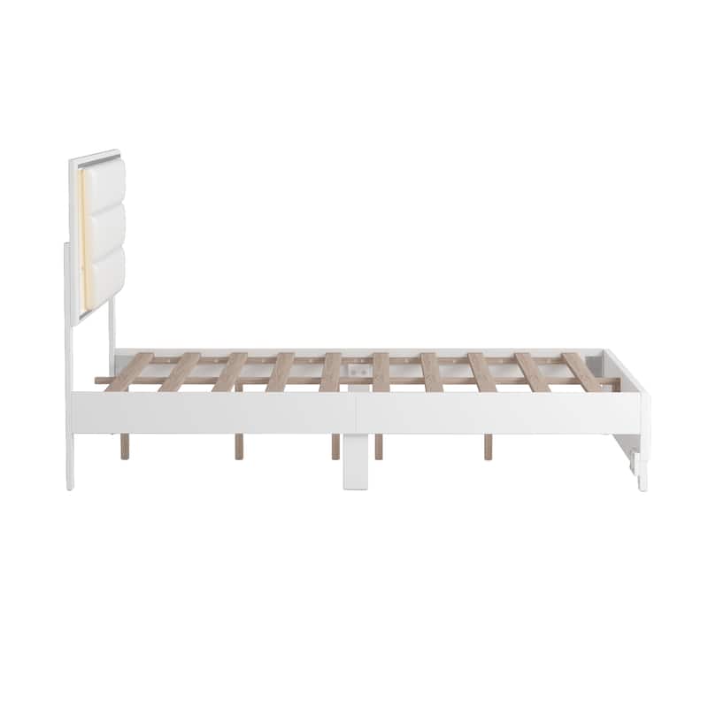 Modern Queen Bed Frame with LED Light Strips and Sparkling Upholstery - White.