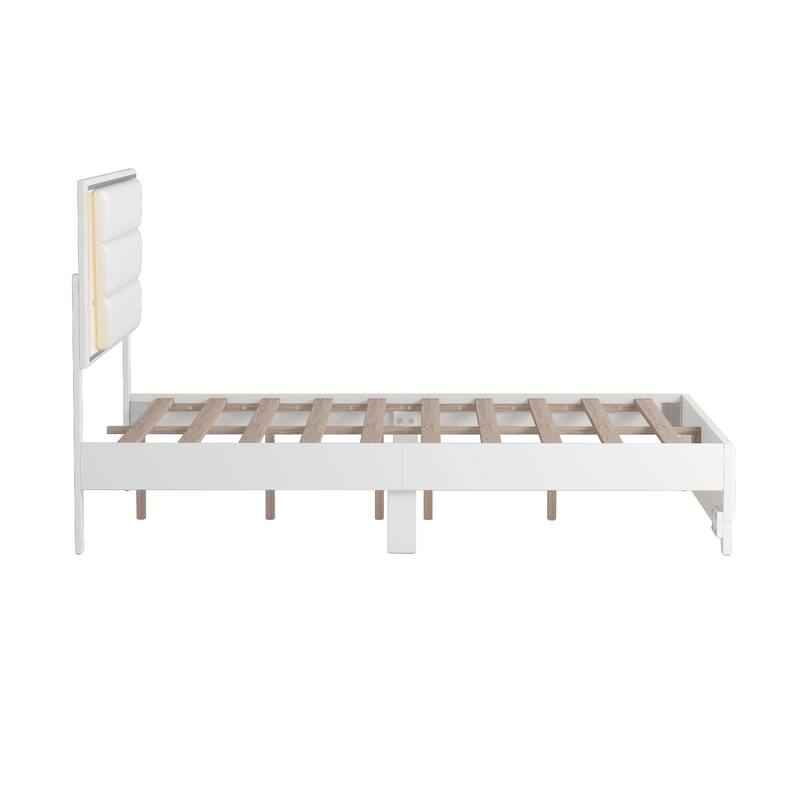 Modern Queen Bed with Sparkling Headboard & LED Light Strips, Platform Design