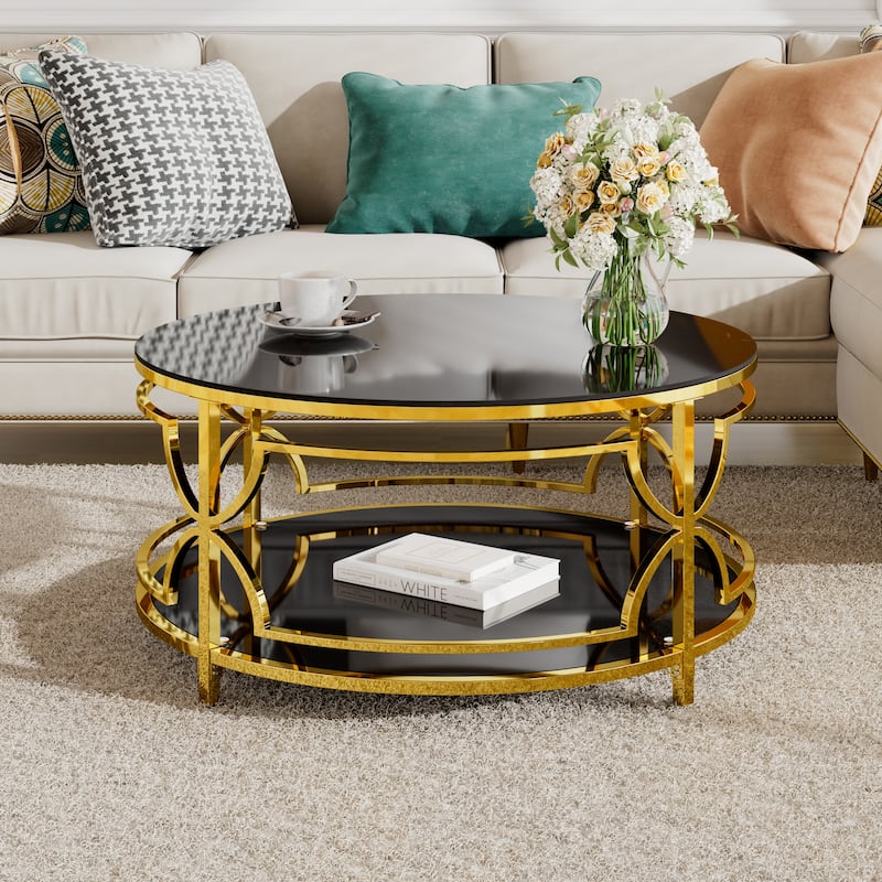 Glass Coffee Table Round Living Room Table, Luxurious Storage Table with Lower Shelf, 30.7" Center Table with Tempered Glass Top