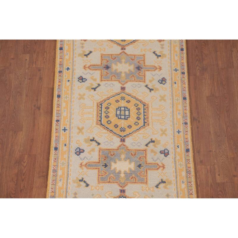 Geometric Kazak Runner Rug Hand-Knotted Beige Wool Carpet - 2'5"x 8'0"