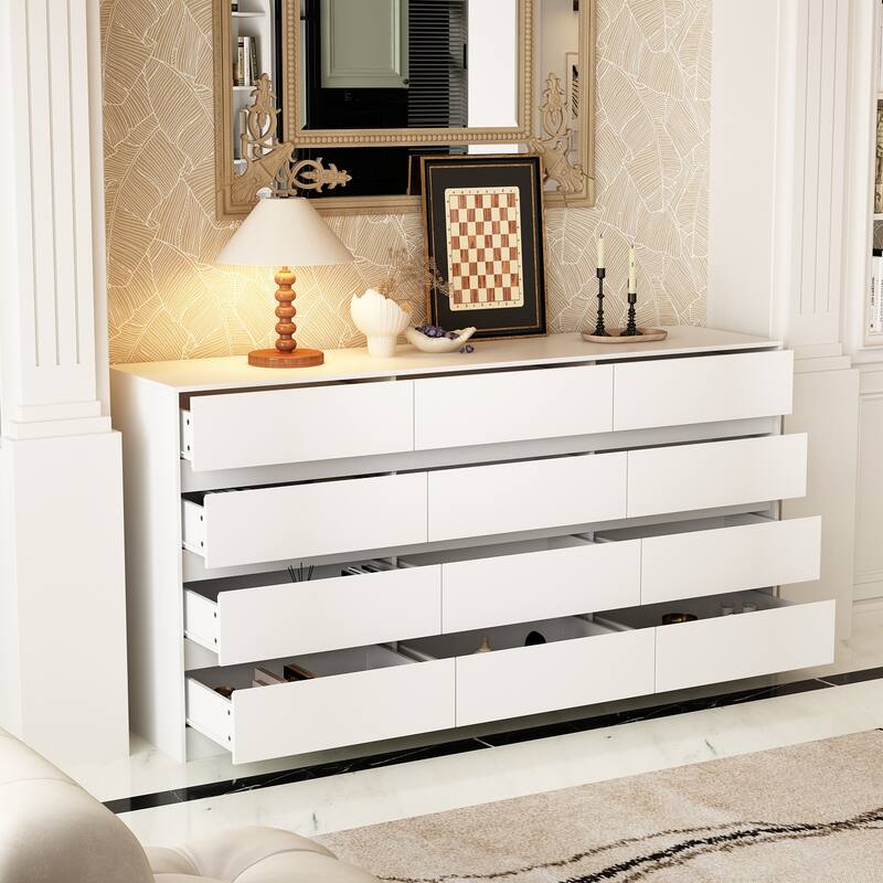 Modern 12-Drawer Bedroom Dresser - Sleek Storage Chest, White or Black