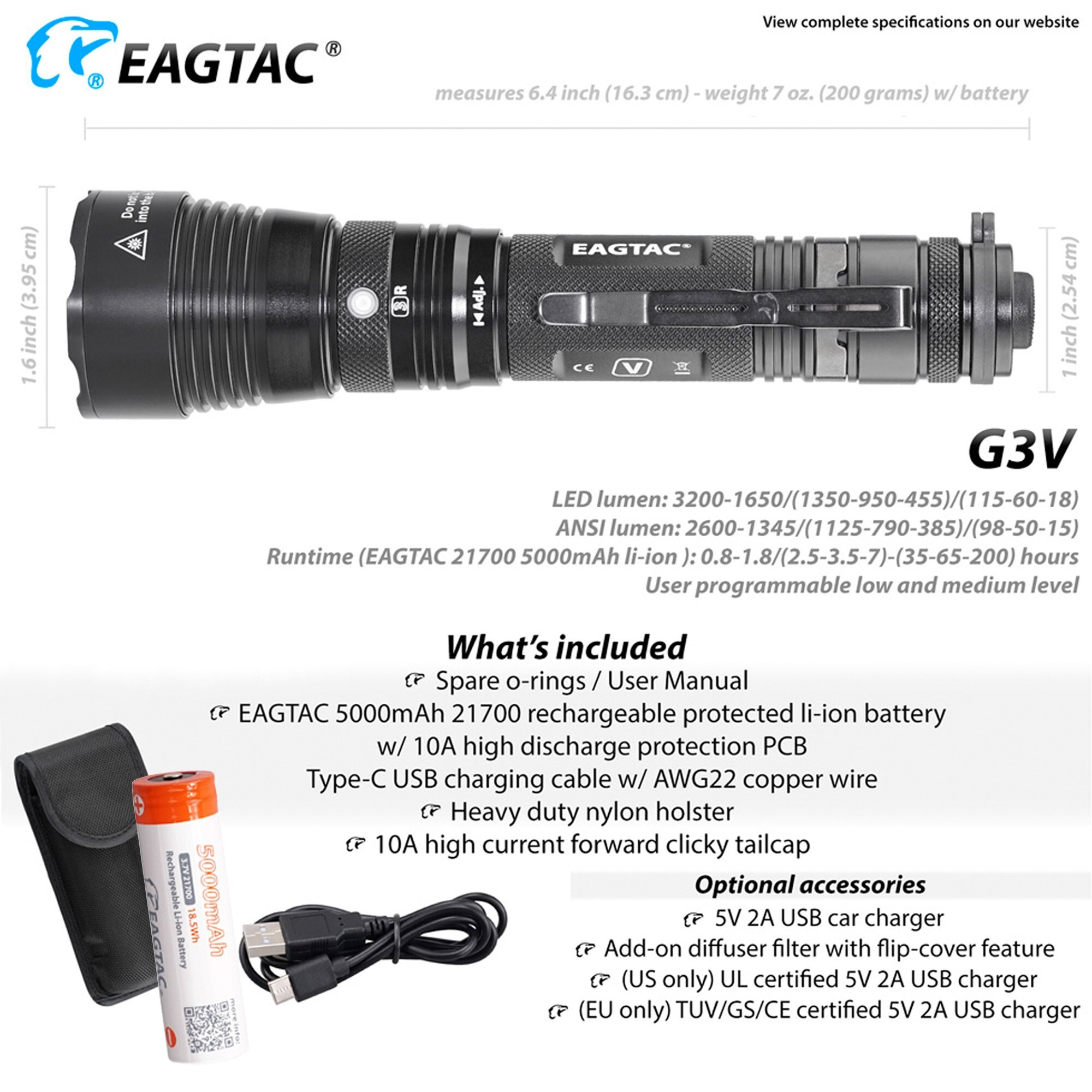 Shop Eagletac Eagtac G3v 3200 Lumen Cool Wt Led Rechargeable Flashlight Overstock 30391994