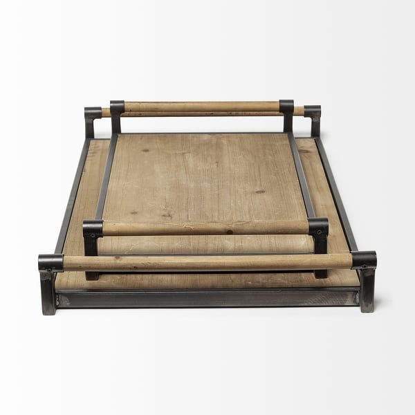 Set Of 2 Light Brown Wood With Matte Black Metal Frame And Two Handles Trays Set Of 2 Light Brown Wood With Matte Black Metal Frame And Two Handles Trays