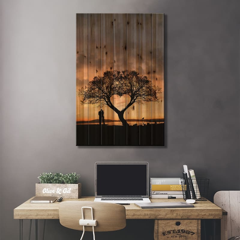Tree And Heart Print On Wood by Abdullah Evindar - Multi-Color
