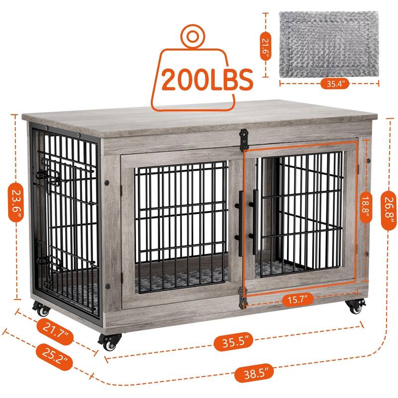 Dog Crate Indoor Heavy Duty Double Doors Wooden Dog Cage with Cushion