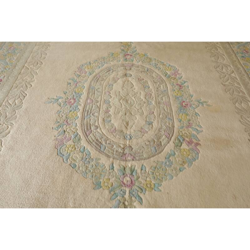 11x18 Hand Knotted Wool Beige Plush Pile Traditional Aubusson Savonnerie Rug - 11' x 18'