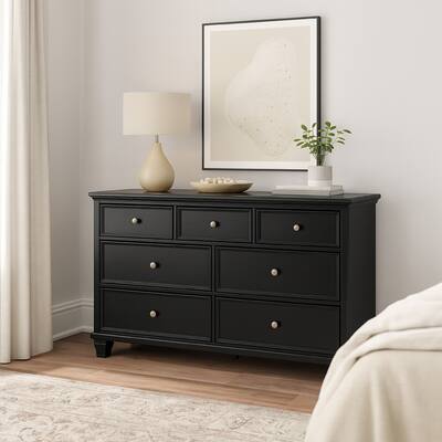Lemo Wide Dresser, 7 Drawers, Nickel Round Knobs, Black Solid Wood