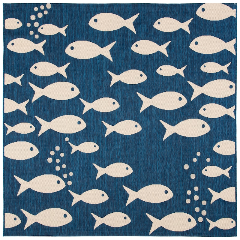 SAFAVIEH Courtyard Illa Indoor/ Outdoor Waterproof Patio Backyard Rug - 5'3" x 5'3" Round - Navy/Beige