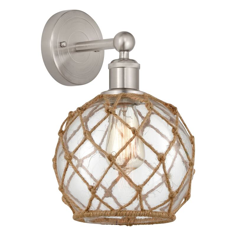Innovations Lighting 616-1W-13-8 Farmhouse Rope Sconce Farmhouse Rope - Brushed Satin Nickel / Clear Glass with Brown Rope