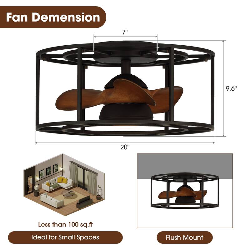 20" Black Flush Mount Low Profile Fandelier Ceiling Fan with Light and Remote - 20 in. D x 20 in. W x 9.6 in. H
