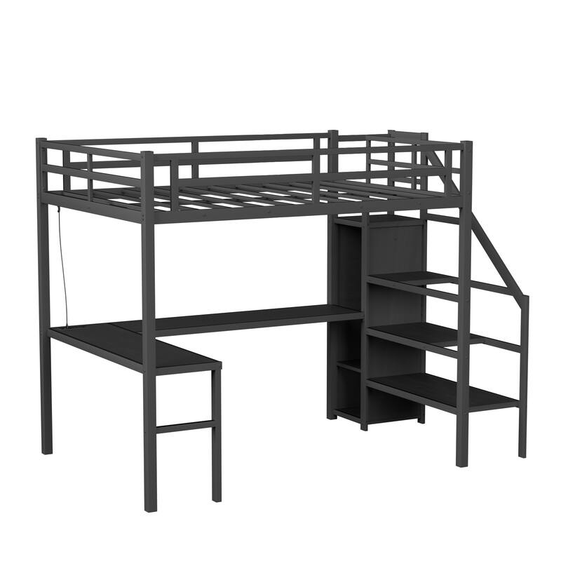 Black Full Size Metal Loft Bed with L-shaped Desk, LED, and Wardrobe