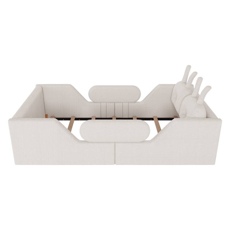 Roomfitters Twin Floor Platform Bed, Rabbit Cushion Headboard and Removable Side Rails with Wooden Frame for Bedroom, White
