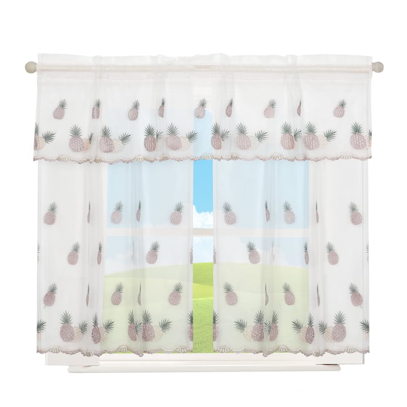 Violet Linen Lyon Pineapple Tropical Boutique Lace, 3pc Set 60"x 18" Valance, 30"x 36" Tiers, Decorative Window Kitchen Curtain