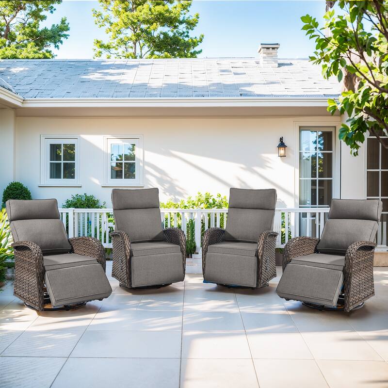 Pocassy Lounge Chair Swivel Reclining Chair with Adjustable Backrest - Gray Cushion - Browm Wicker - 4-Piece Recliner Swivel Chair