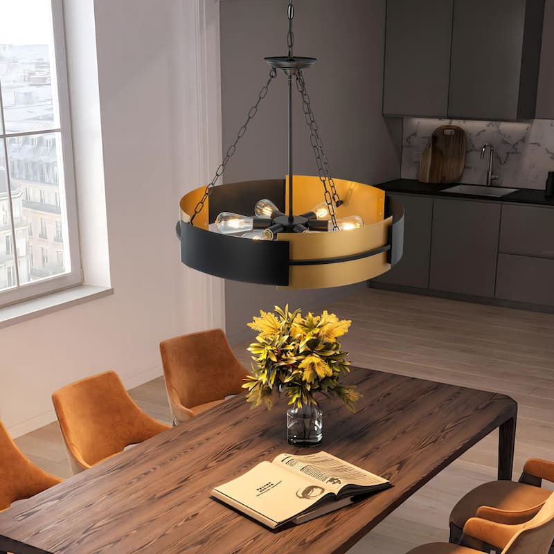 Starsky 6-Light Sleek Black & Gold Industrial Drum Chandelier