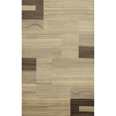Hand Knotted Oriental 100% Wool Carpet Modern Geometric Beige & Ivories Gabbeh Area Rug - 7' 9'' X 5' 4''