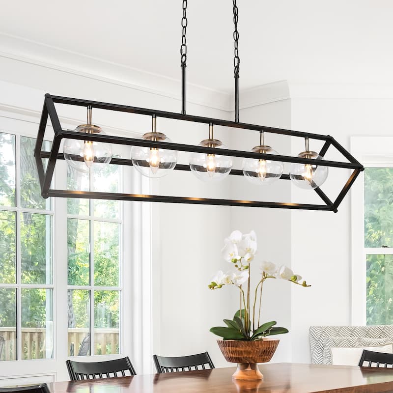 Torin Modern 5-Light 41.5" Black Gold Geometric Chandelier Globe Glass Kitchen Island Pendant Lights - 41.5" L x 12" W x 19.5" H