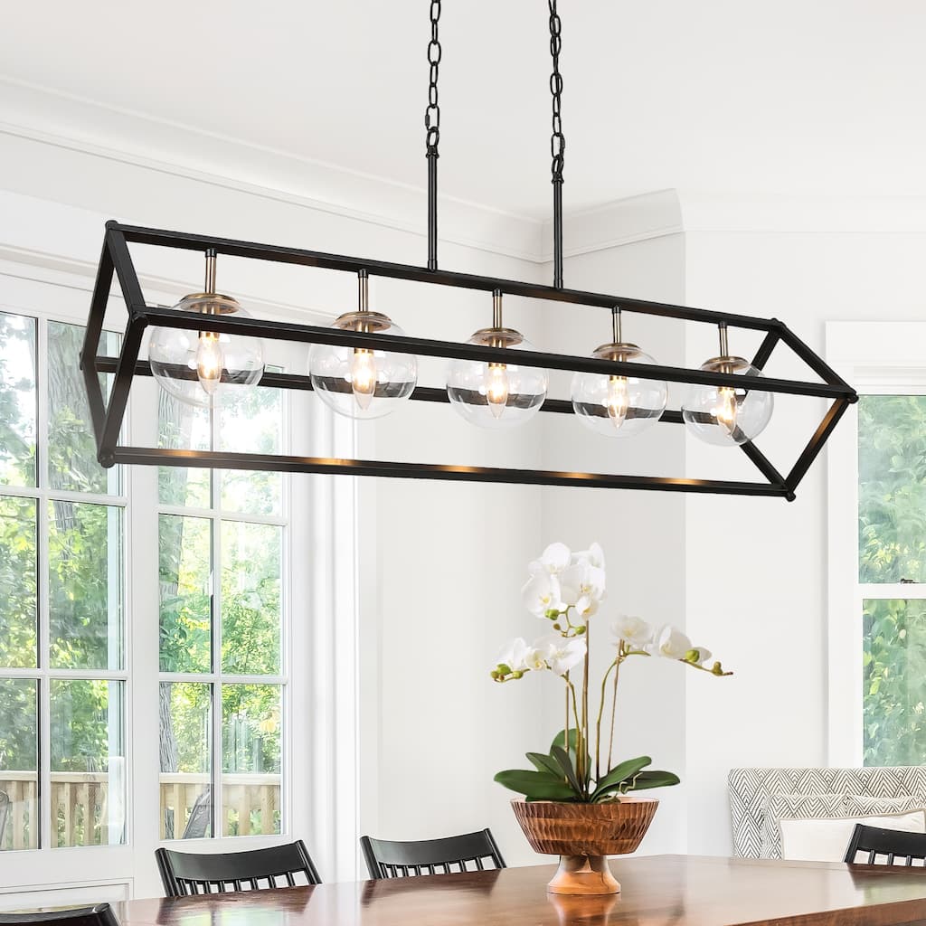 Torin Modern 5-Light 41.5" Black Gold Geometric Chandelier Globe Glass Kitchen Island Pendant Lights - 41.5" L x 12" W x 19.5" H