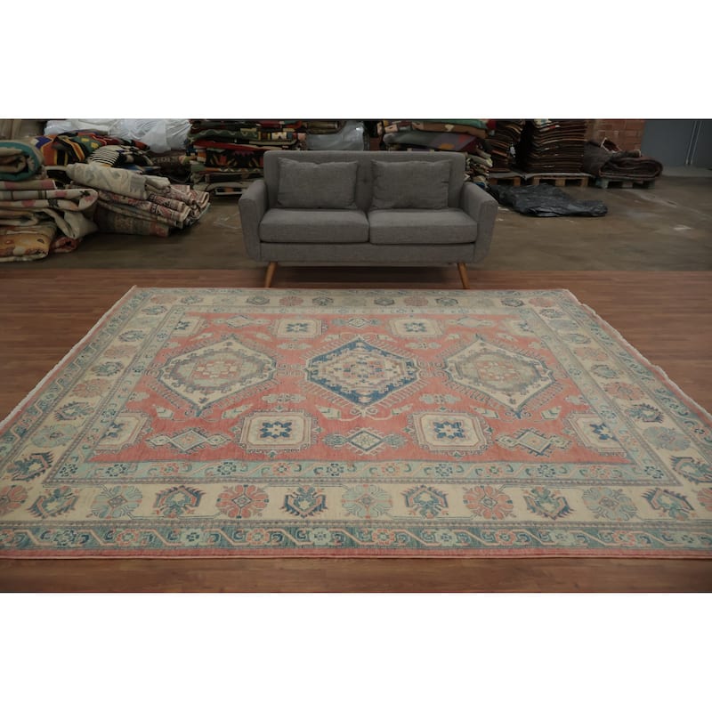 Hand Knotted Oriental 100% Wool Carpet Traditional Geometric Coral Kazak Area Rug - 9' 7'' X 8' 3''