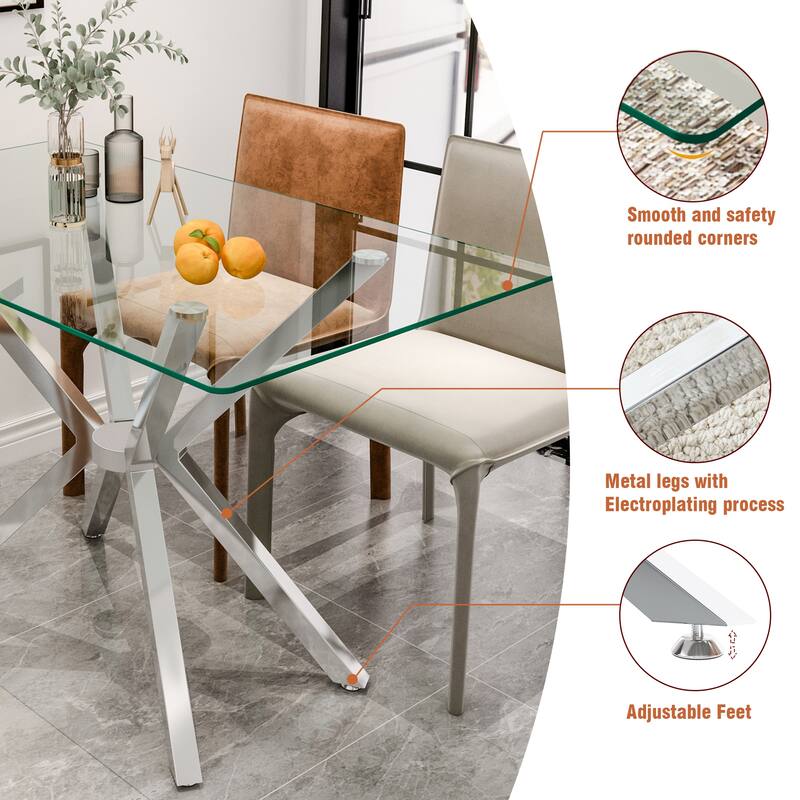 47.24" Rectangular Clear Tempered Glass Dining Table,Stylish Design with Metal Legs, Kitchen Table for Dining Room