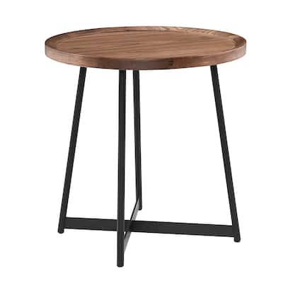 22” Round Walnut Side Table Contemporary Wood Top with Black Steel Cross Base for Living Room - 21.66"L x 21.66"W x 22.05"H
