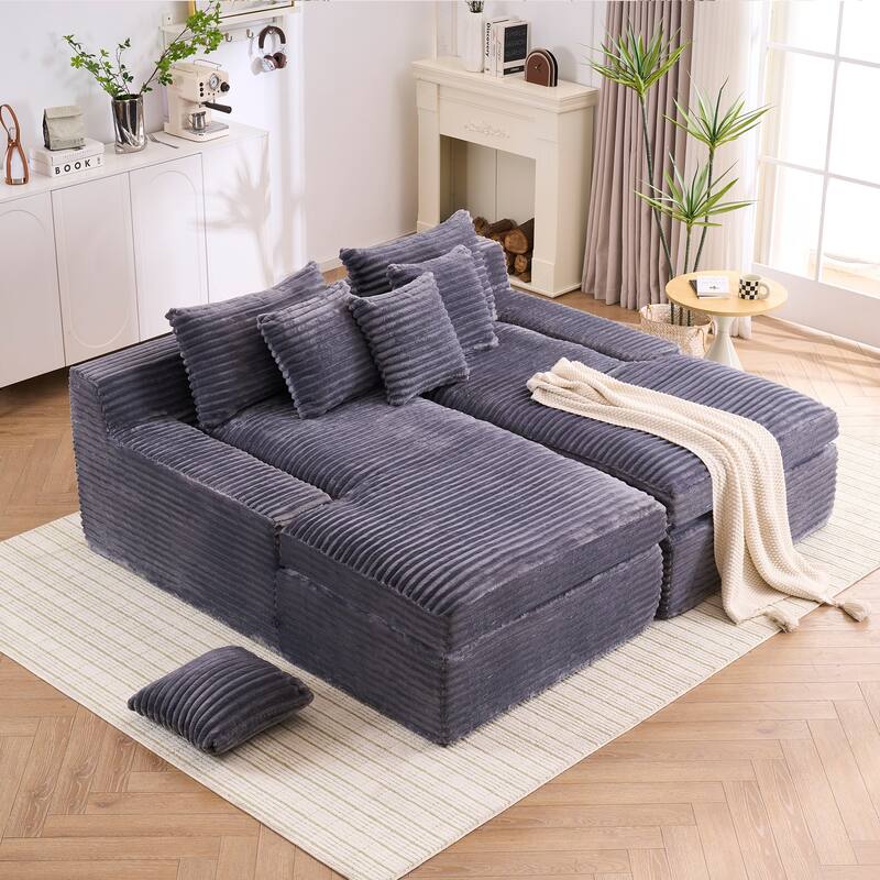 Oversized Corduroy Upholstered Chaise Lounge Sofa / Double Single Side Arm Sleeper Sofa Couch / Modular Recliner Sofa