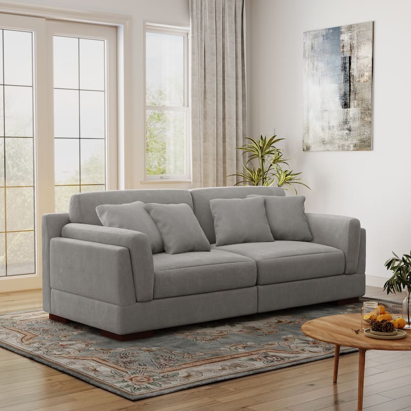 90.2"W Corduroy Upholstered Living Room Sofa - Light Grey-4Pillows