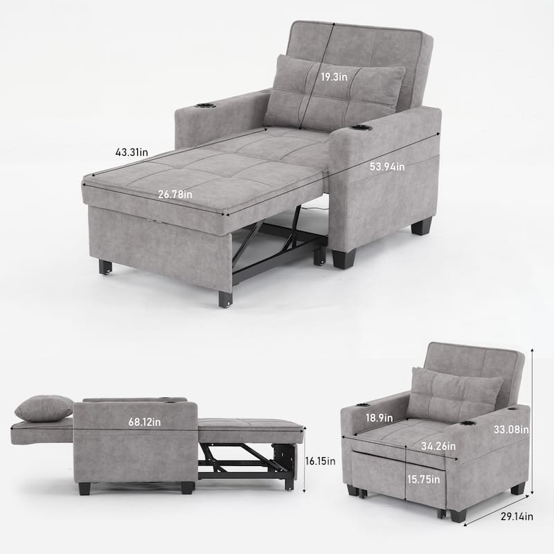 Tech Cloth Convertible Futon Armchair Bed with USB Ports, 3-Position Backrest and Built-in Storage