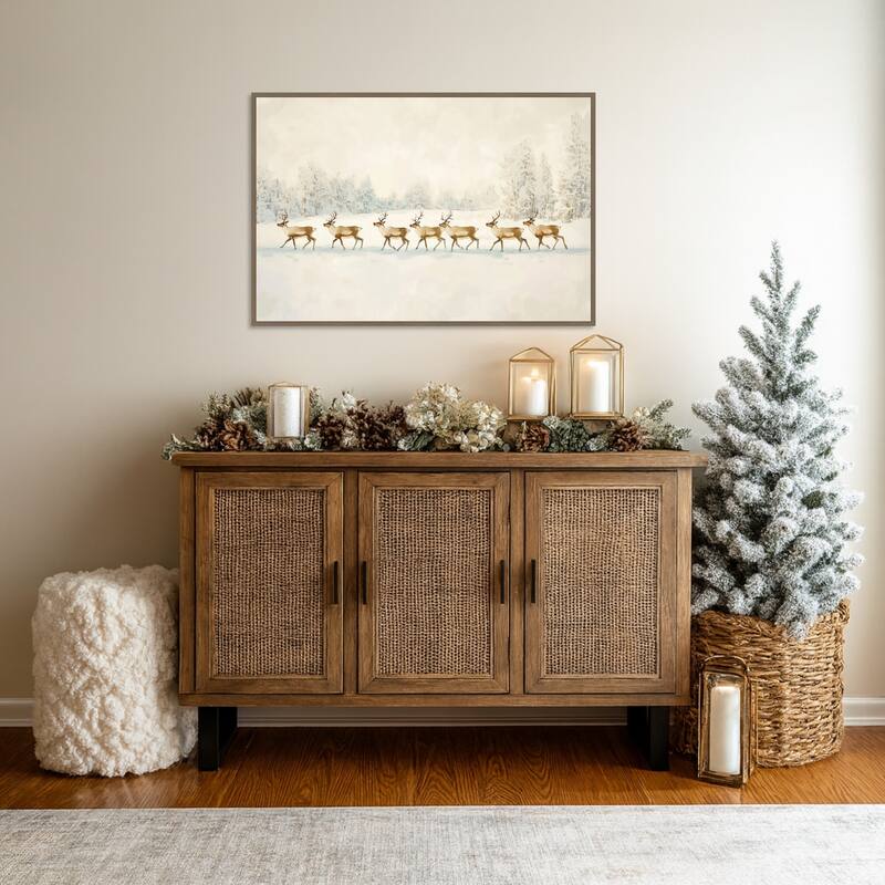 Winter Wonderland: Reindeer Procession by Melloi Art Prints Framed Canvas Wall Art Print - Sylvie Dark Gold