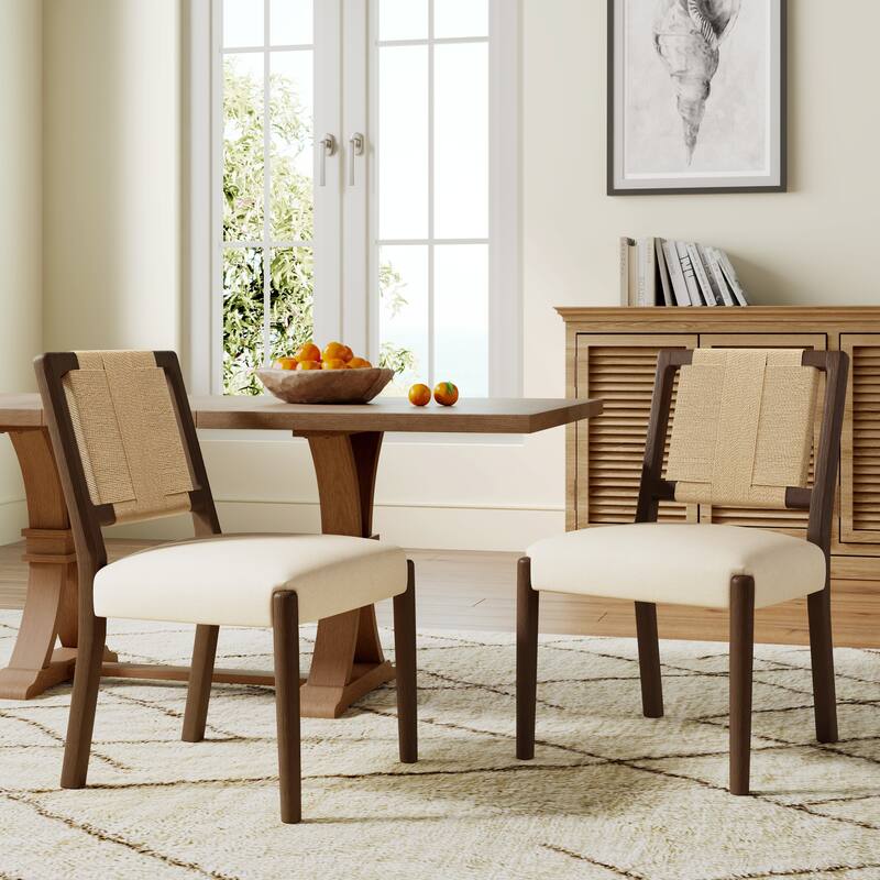 Christopher Knight Home - Modern Upholstered Dining Chairs with Woven Rope Backrest and Rubber Wood Frame (Set of 2) - Beige,Walnut