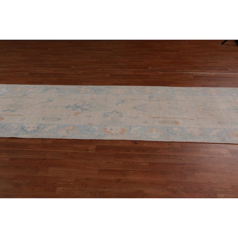 Hand Knotted Oriental 100% Wool Carpet Transitional All-Over Beige & Ivories Oushak Runner Rug - 12' 2'' X 3' 1''