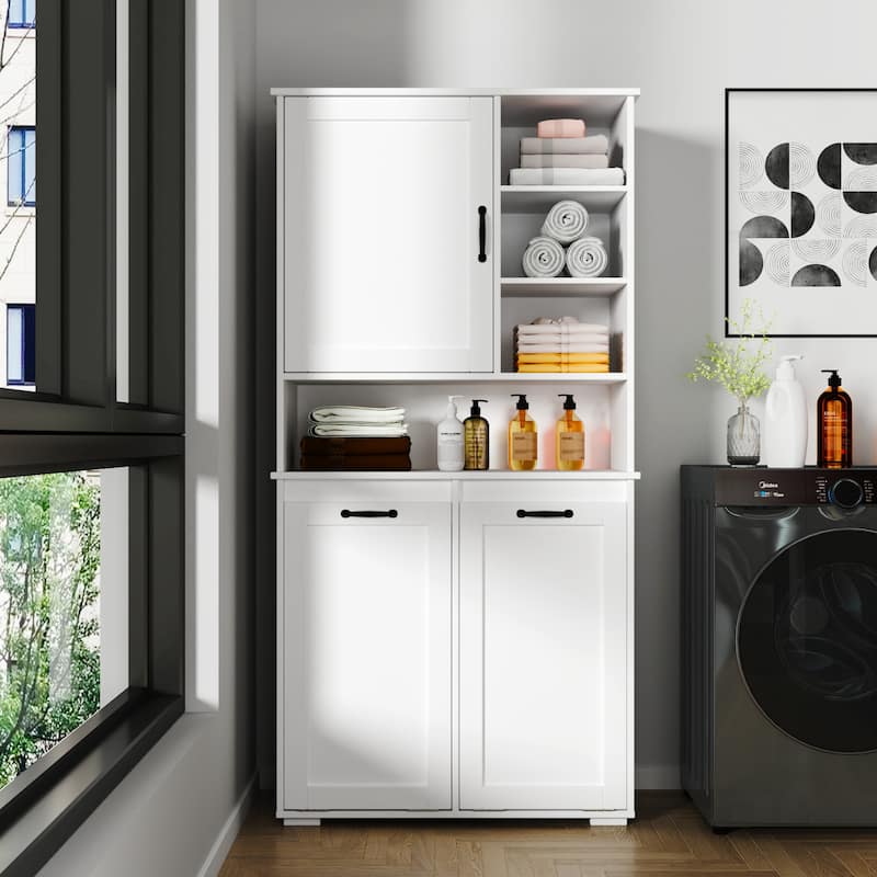 Laundry Storage Cabinet - Tilt-Out Hamper, Adjustable Shelves, Freestanding Organizer - White