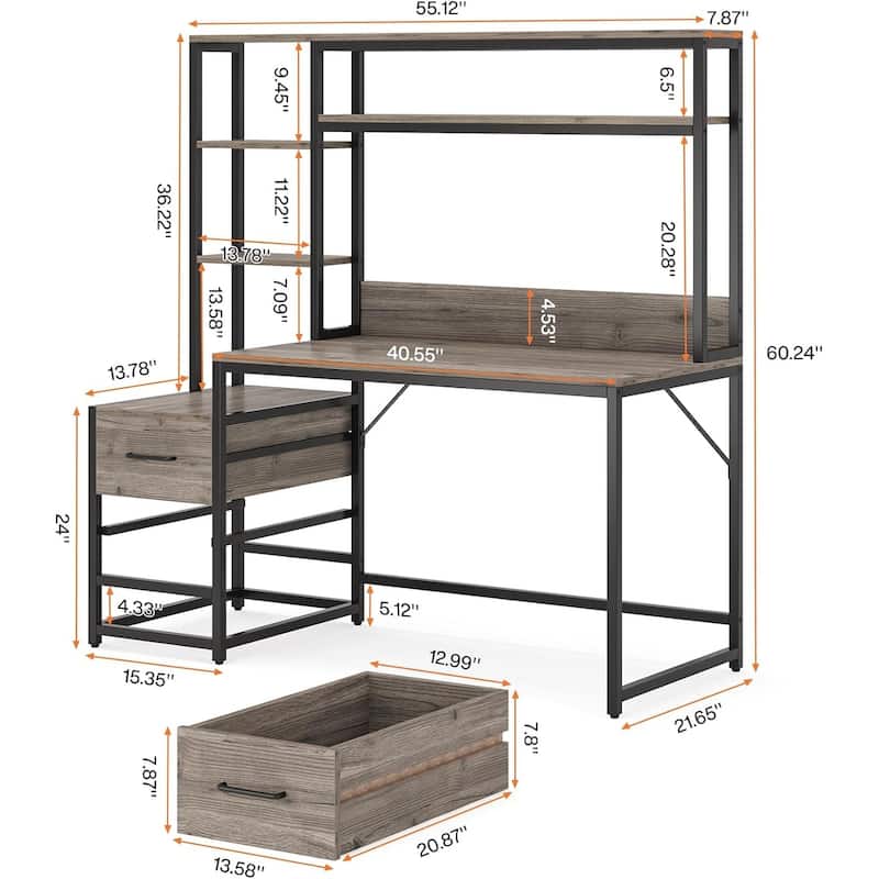 55 Inches Computer Desk with Hutch,2 Drawers & Open Shelves-Modern Home Office Desk with Storage,Writing & Gaming Workstation