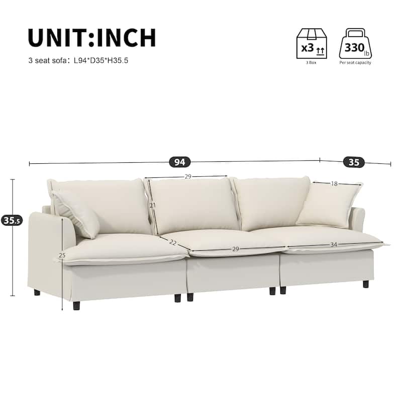94" Chenille 3-Seater Sofa Modular Sectional with Pocket Springs & 2 Throw Pillows